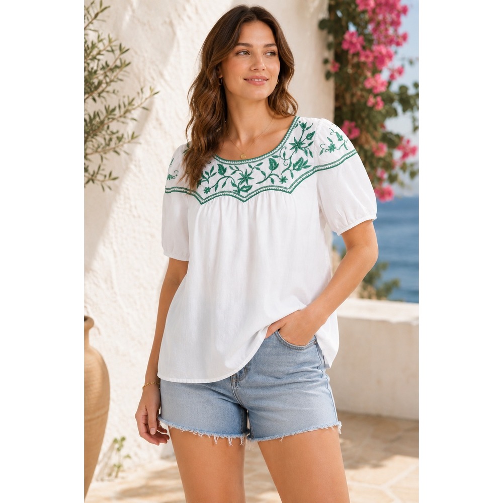 Talbots White Floral Embroidered Top Bohemian Resort Vacation Coastal‎ Chic S